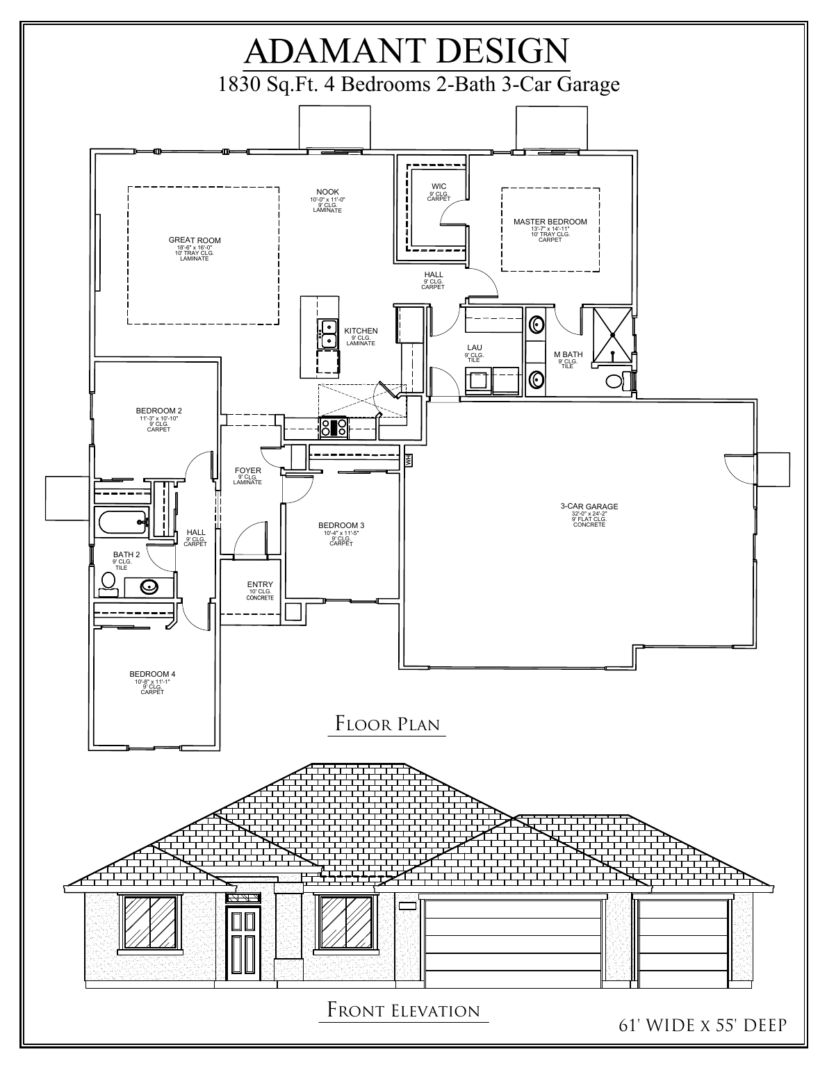 Proposed 1,830 square foot 4 bedroom 2 bath floor plan with 3-car garage — click to enlarge