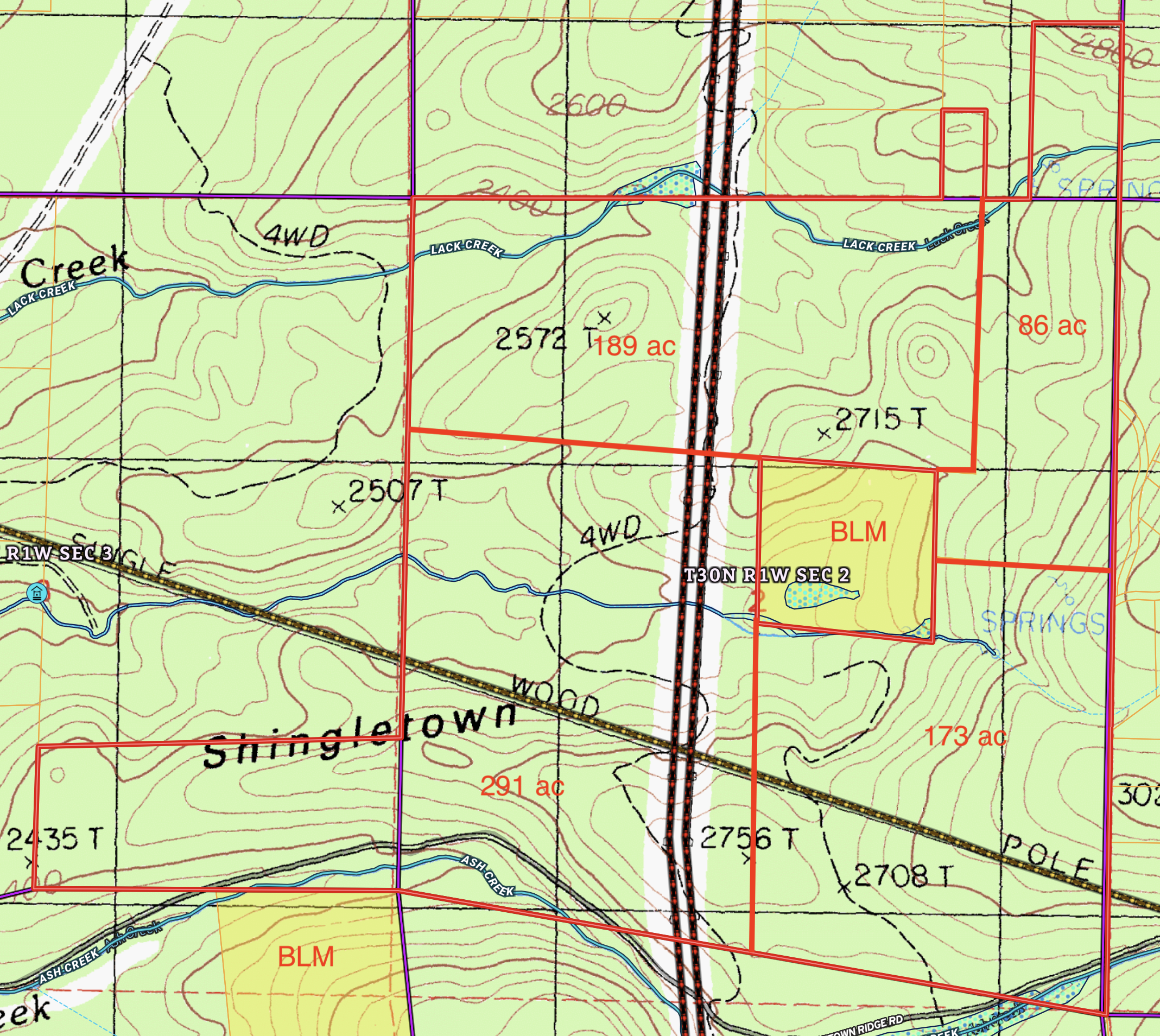 Topographic map of the Shasta County property and BLM land