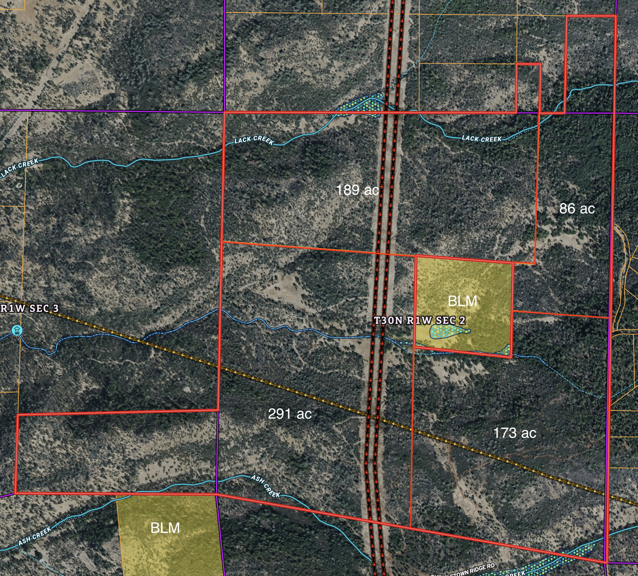 Aerial map showing approximate parcel layout and BLM land